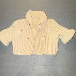 1950s Vintage Cropped Knit Cardigan Ivory Shawl‎ Collar Embroidered Figures
